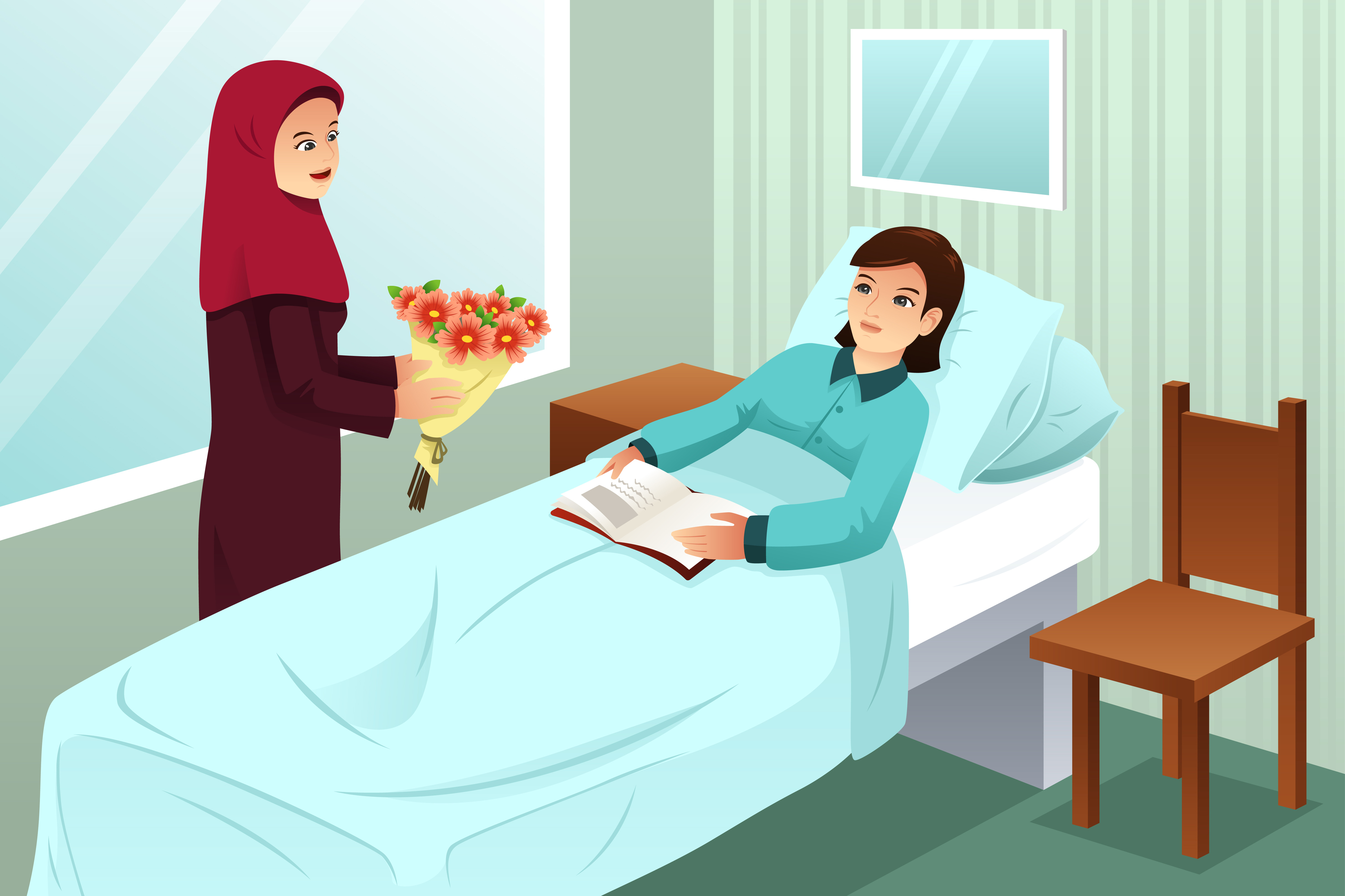 Посещение пациентов в больнице. Посещение больных в Исламе. Нарисовать больницу. Врач мультяшный мусульманка.